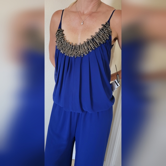 New Elegant Royal Blue Embelished Jumpsuit By Alfa Beta, Size M/L,Made In Turkey - Picture 7 of 8